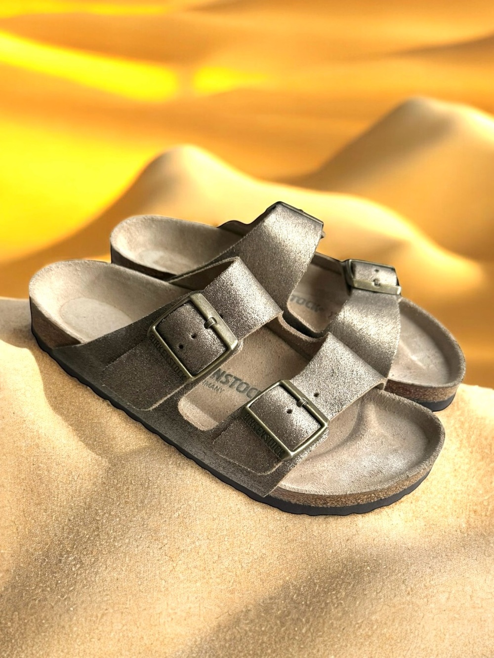 Birkenstock Arizona Washed Metallic Antique Gold Suede Sandal Slides
